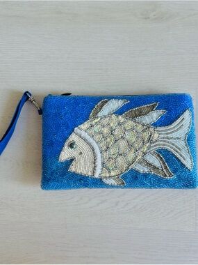 Blue Beaded Fish Wristlet Crossbody Bag